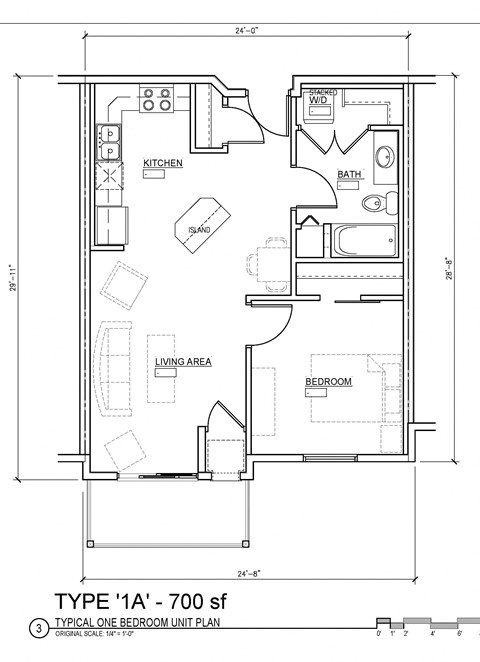 Floor plan for 1 bed, 1 bath, 700 sqft